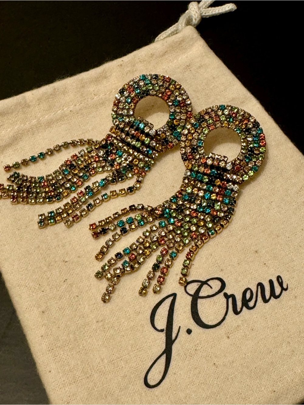 NWT J. Crew Crystal Fringe Statement Earrings Multi-Color Gold BN334 With Pouch